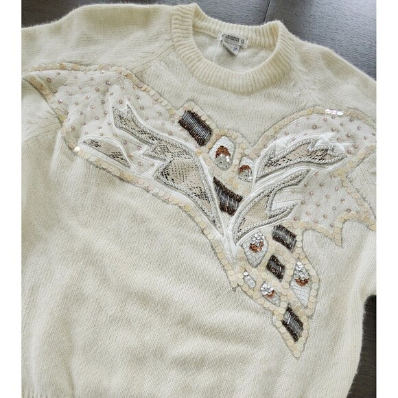 Vtg 80s Off White Knit Angora Lambswool Beaded Applique Sweater M Dolman Sleeve - Picture 3 of 12
